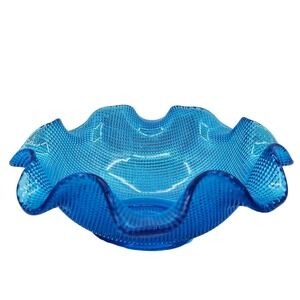 Vintage Colony Italy Waffle Pattern Dessert Dish Blue Ruffled Textured 6 Inch